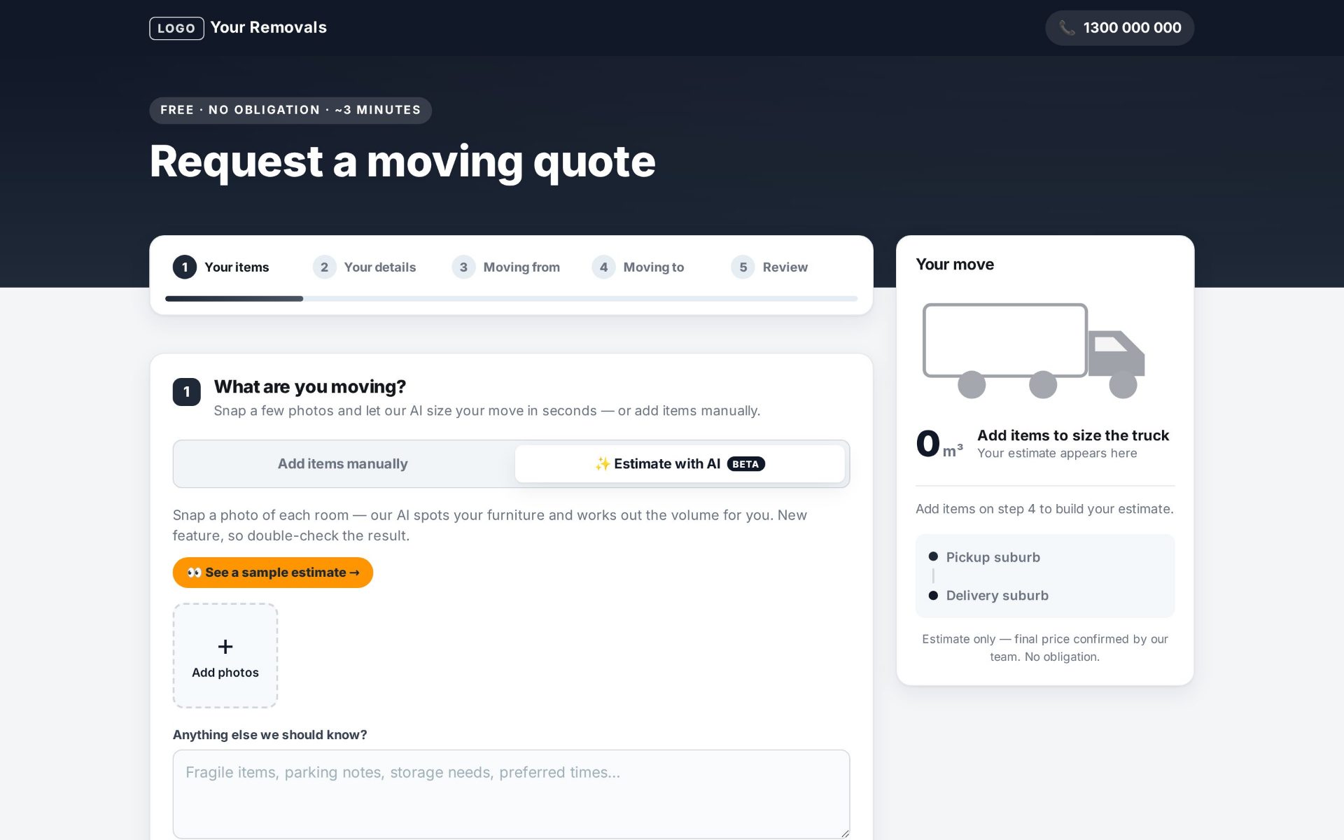 The removals quote form, showing the photo-upload panel where a customer adds room photos and the AI returns an estimated moving volume and truck size.
