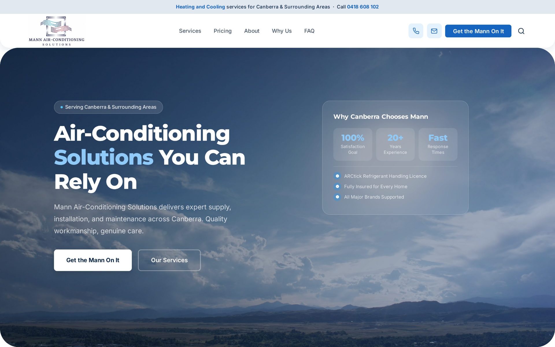 The Mann Air-Conditioning homepage, a bespoke website for a Canberra residential air-conditioning business.