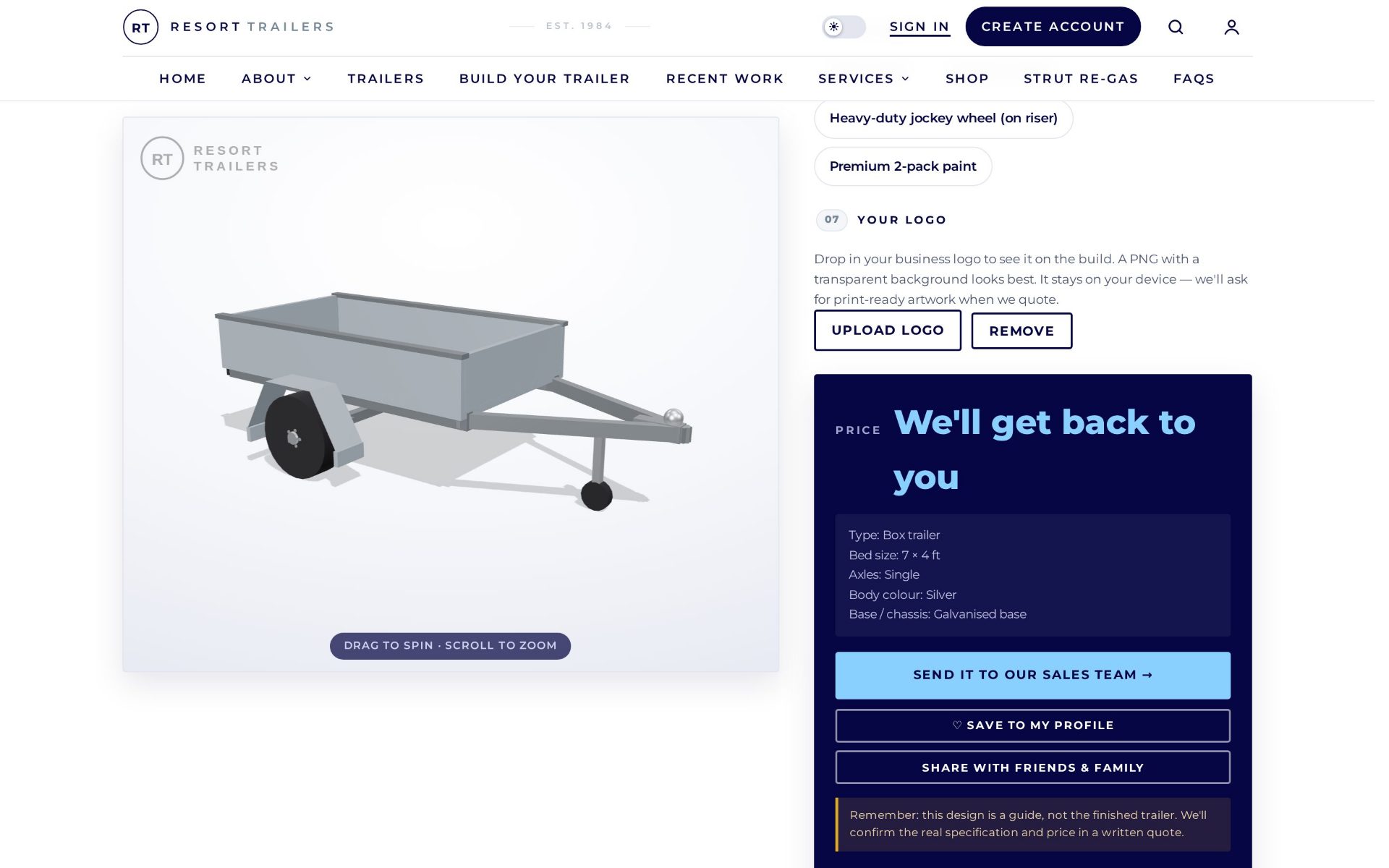 The Build Your Trailer configurator, showing a 3D trailer that updates live as body colour, chassis finish and extras are chosen.