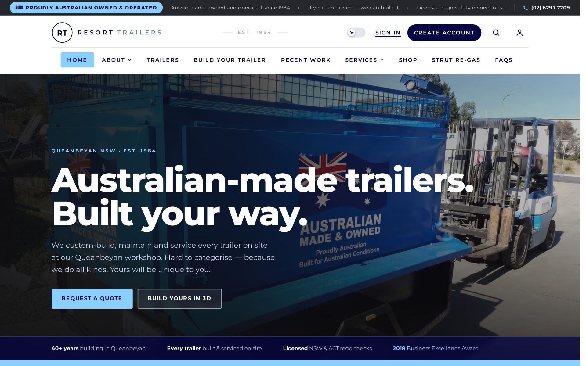 The Resort Trailers homepage, showing the Australian-made trailers hero and the range of custom trailer types built in Queanbeyan.