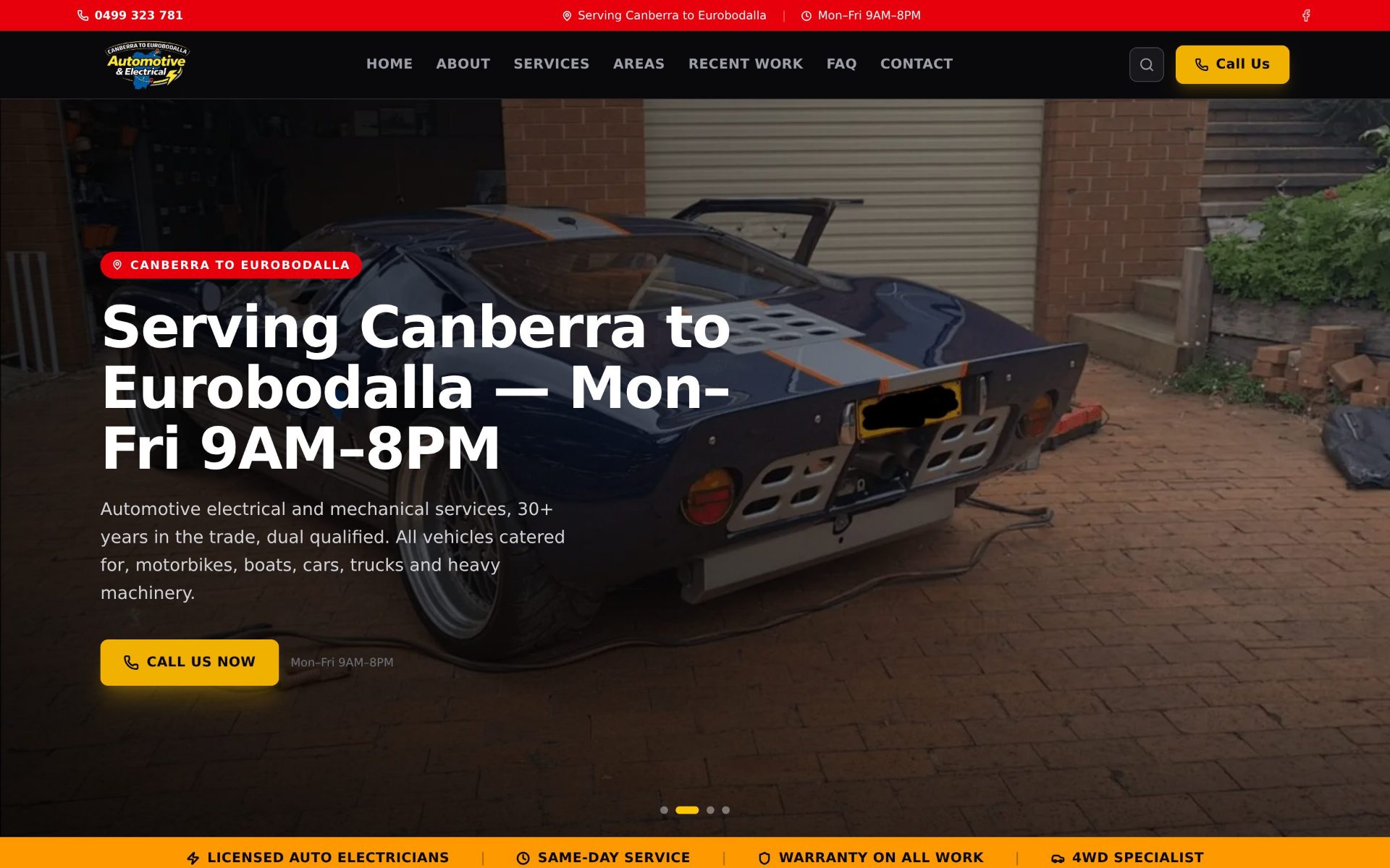 The South Coast Canberra Auto Electrics homepage, a bespoke website for a mobile auto electrician serving Canberra and the South Coast.