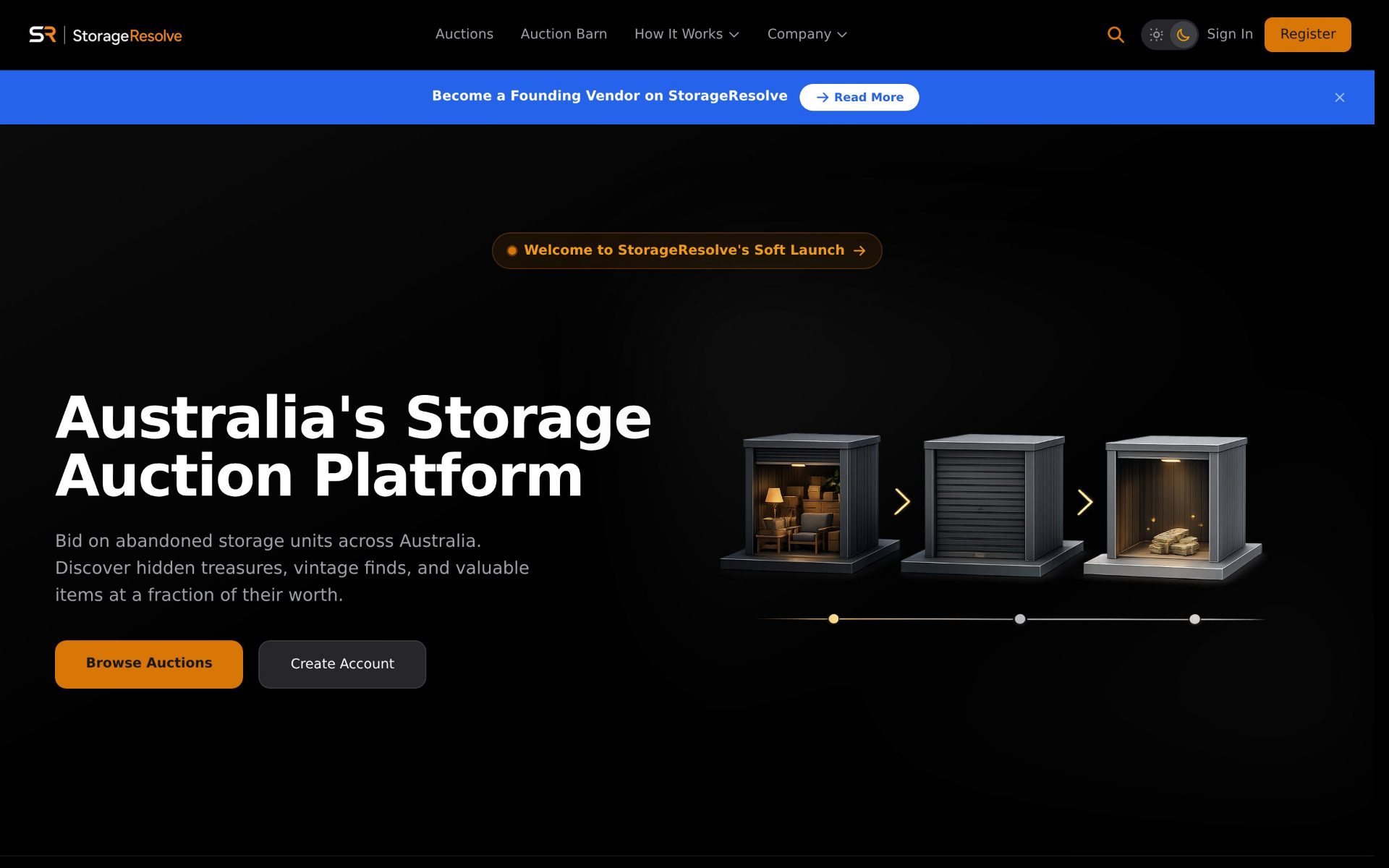 The Storage Resolve website, the public front of a SaaS platform automating storage lien recovery for Australian self-storage operators.
